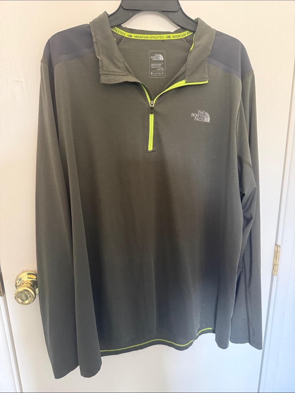 The North Face Olive Green Half-Zip Pullover with Neon Yellow Trim